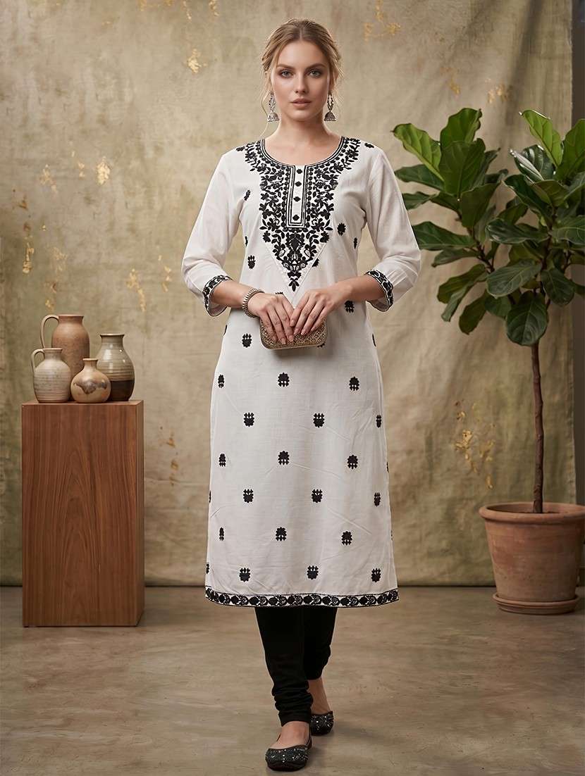 women embroidered three quarter sleeves straight kurta