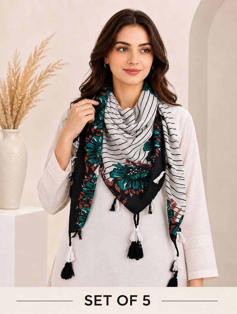 women set of 5 printed scarf with tassels