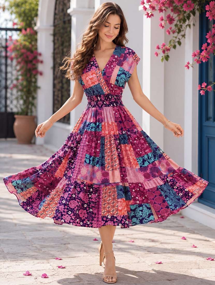 women printed v neck tiered dress