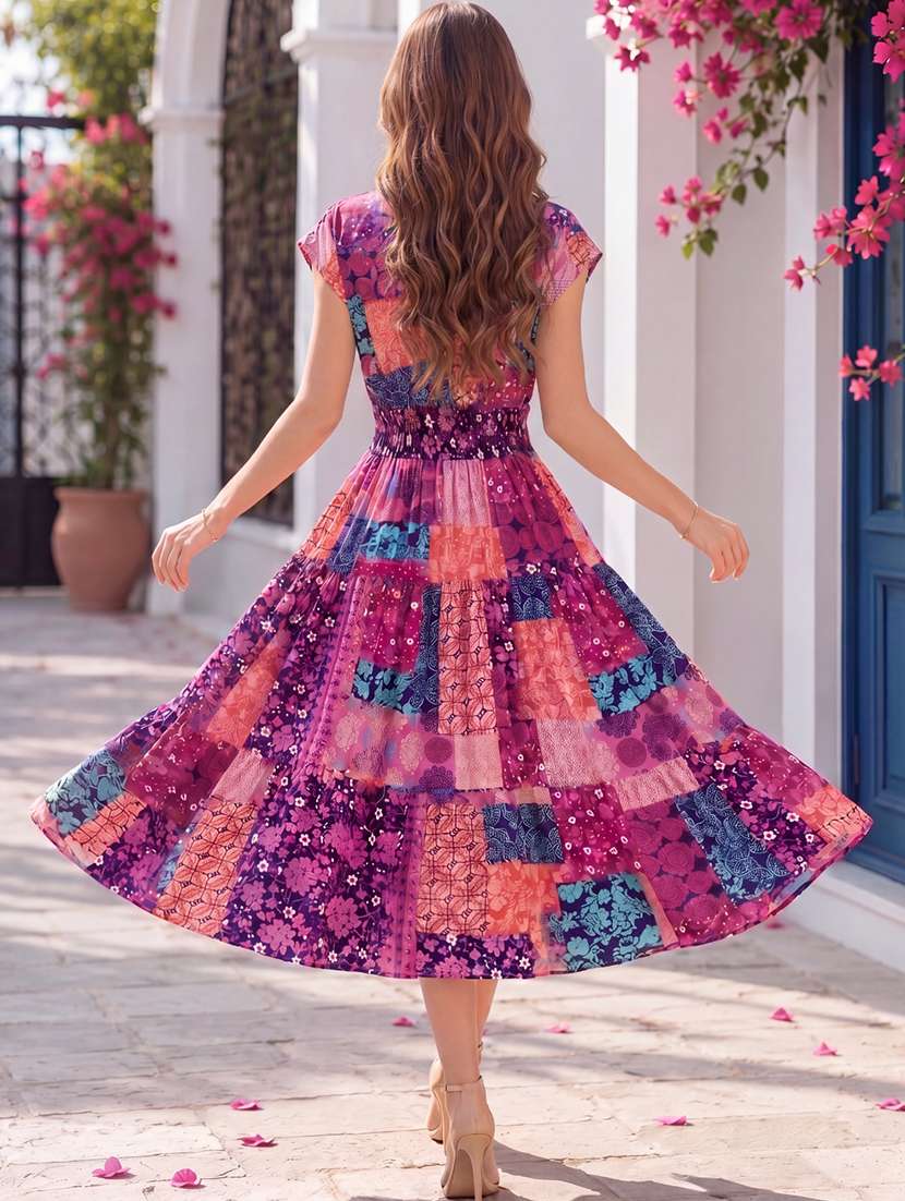 Women Printed V Neck Tiered Dress - 22626291 -  Standard Image - 3