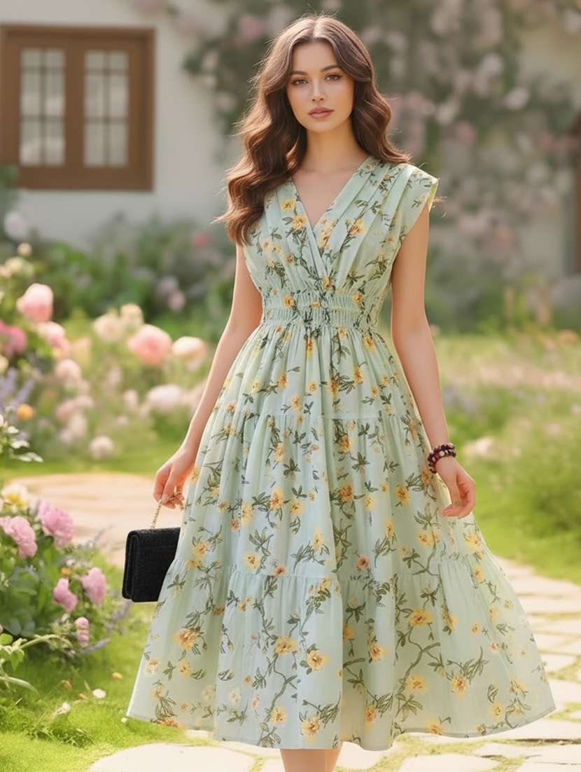 women floral printed v neck tiered dress