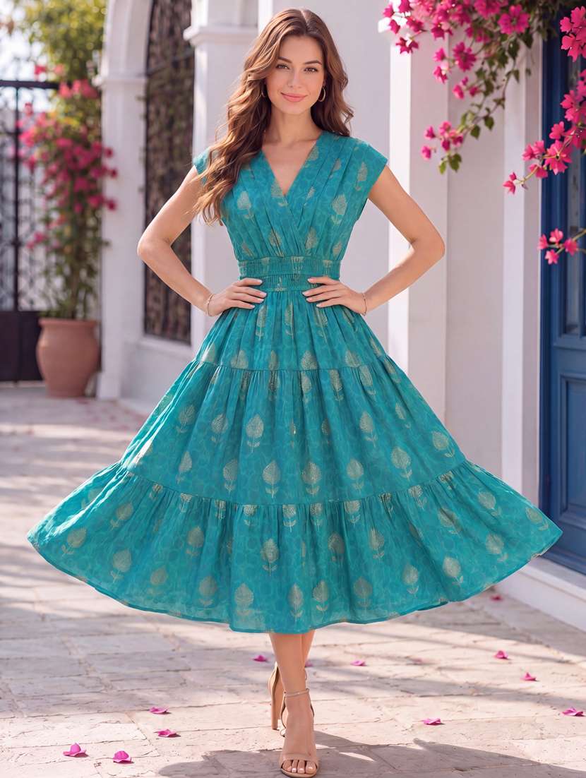 women foil printed v neck tiered dress