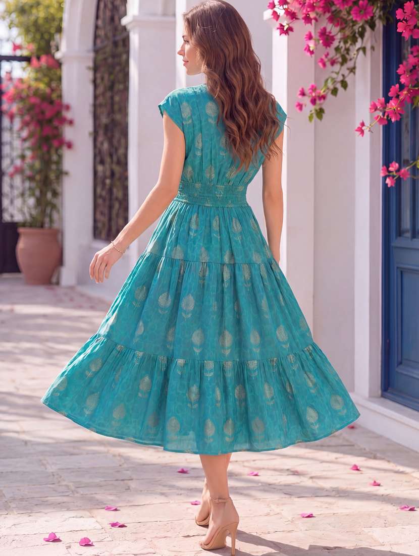women foil printed v neck tiered dress - 22626294 -  Standard Image - 3