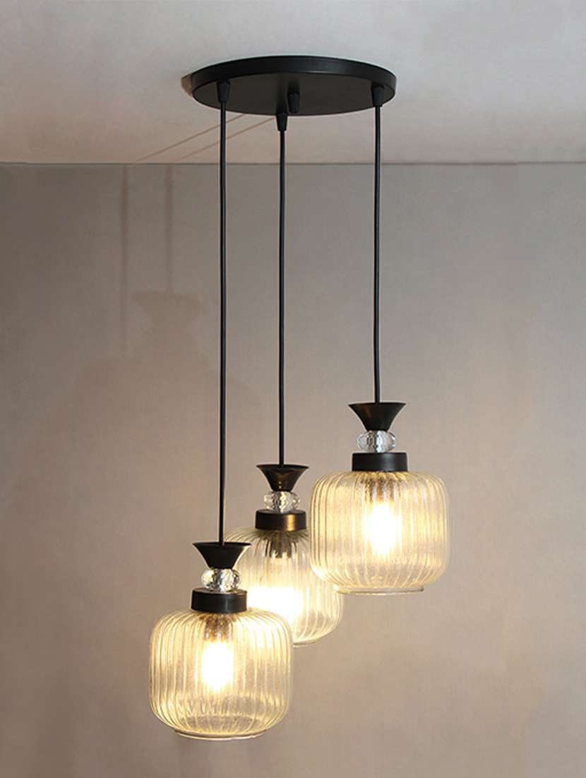 3-light clear ribbed glass cluster hanging light