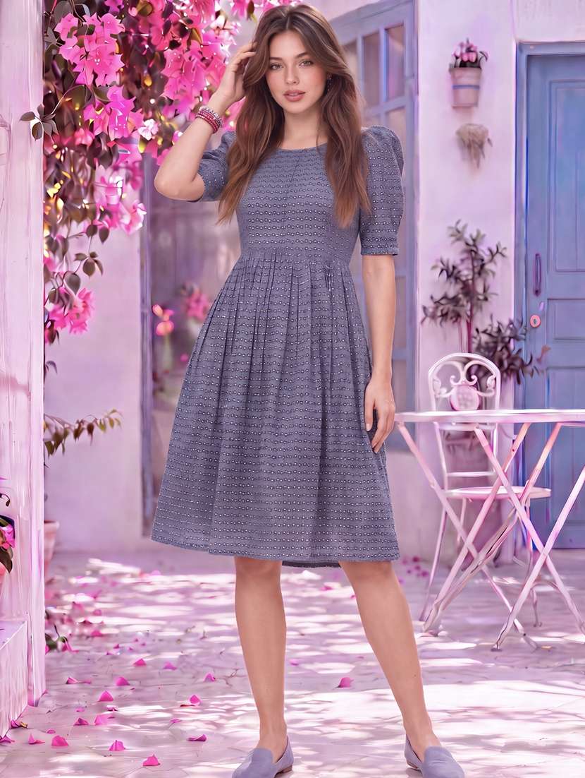 women printed puff sleeves fit and flare dress