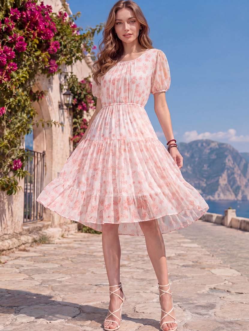 women printed puff sleeves tiered dress