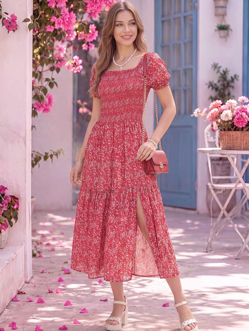 women printed puff sleeves tiered dress