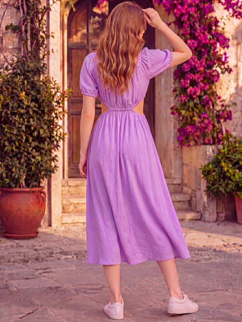 Women Solid Puff Sleeves Fit And Flare Dress - 22626820 -  Standard Image - 3