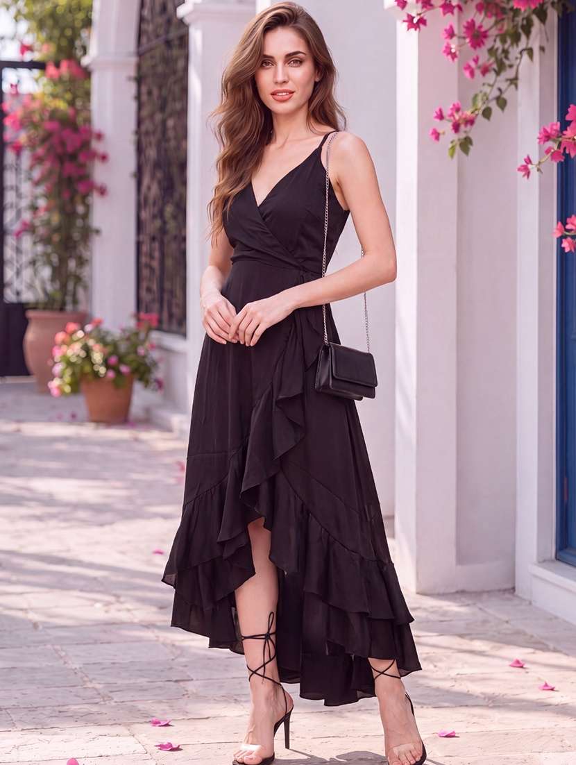 Women Solid Shoulder Strap Ruffled High Low Dress - 22626821 -  Standard Image - 3