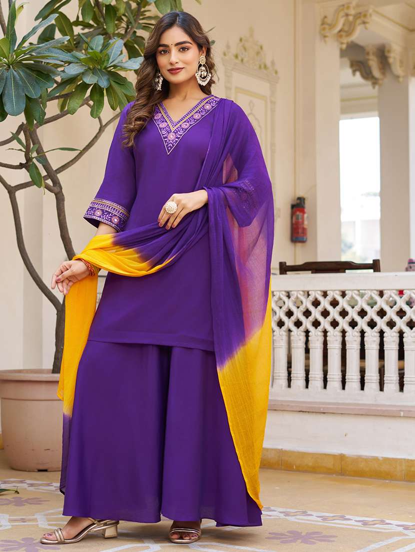 women embroidered three quarter sleeves kurta palazzo set with dupatta