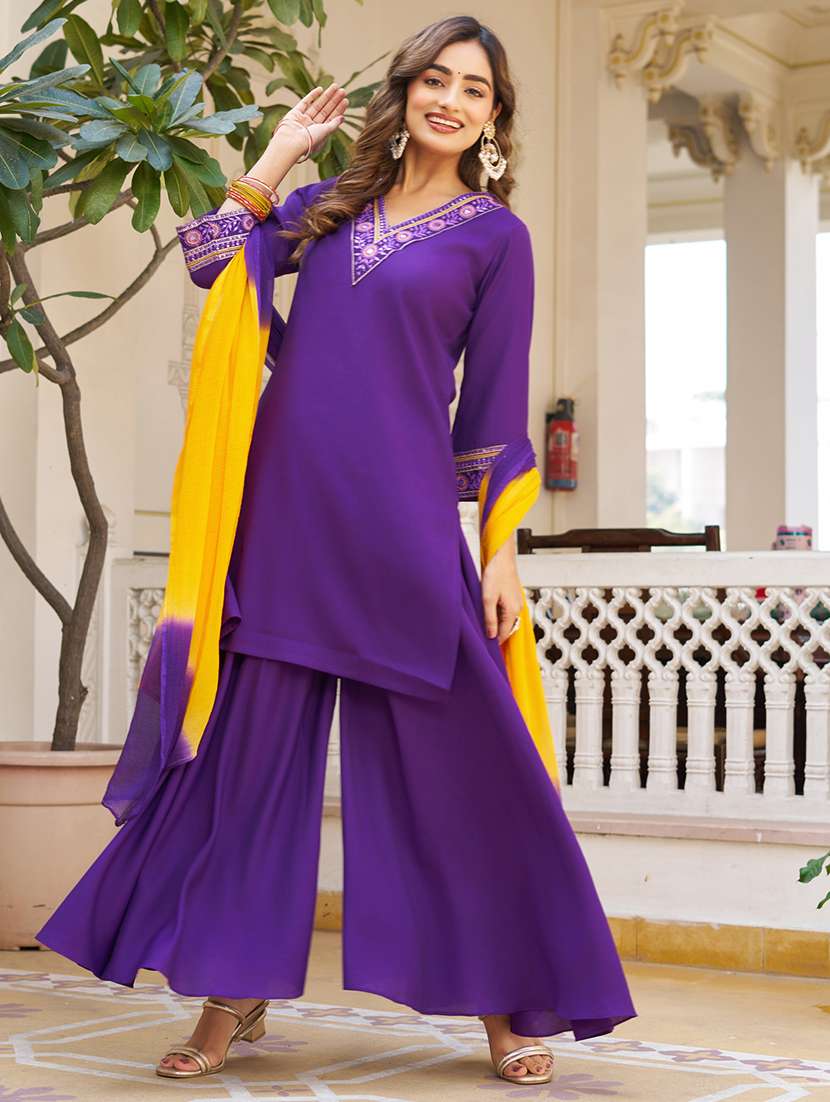 Women Embroidered Three Quarter Sleeves Kurta Palazzo Set With Dupatta - 22627119 -  Standard Image - 3