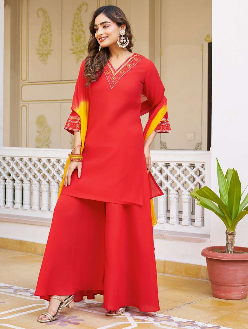 Women Embroidered Three Quarter Sleeves Kurta Palazzo Set With Dupatta - 22627120 -  Standard Image - 3