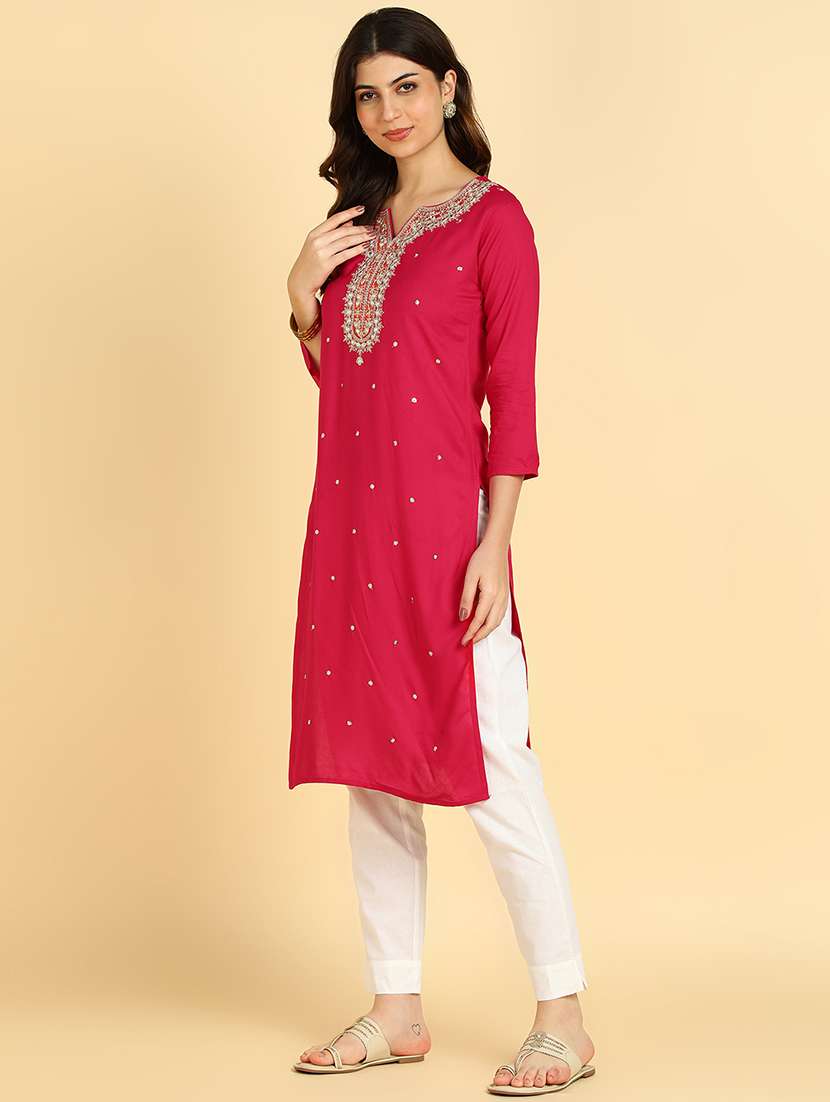 women embroidered three quarter sleeves straight kurta - 22627175 -  Standard Image - 3