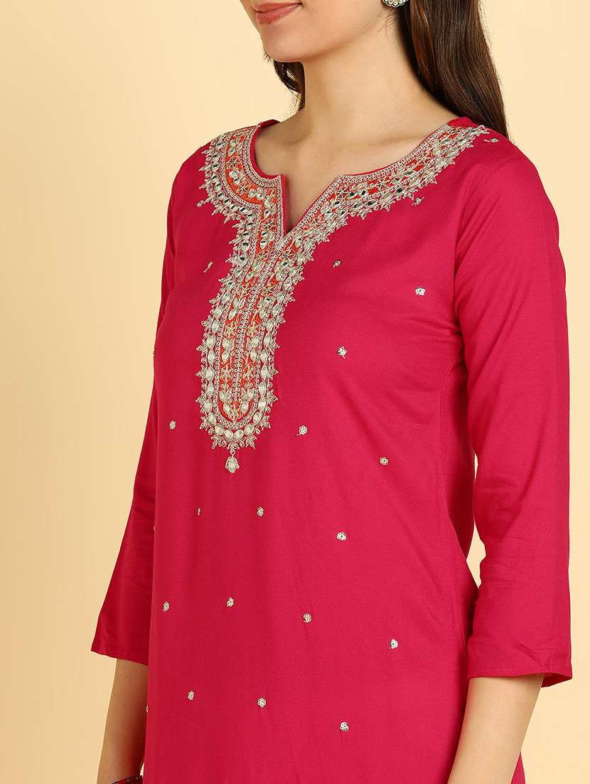 women embroidered three quarter sleeves straight kurta - 22627175 -  Standard Image - 5