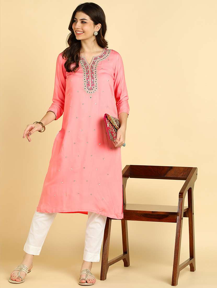 women embroidered three quarter sleeves straight kurta