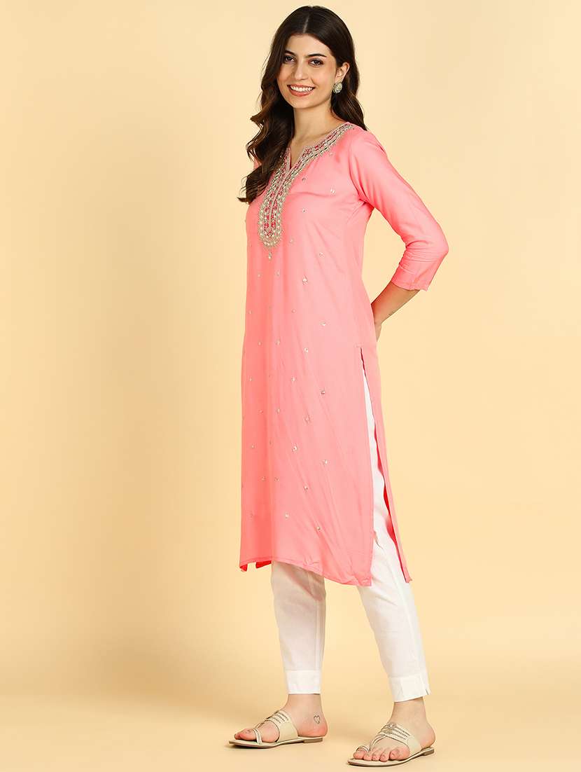 women embroidered three quarter sleeves straight kurta - 22627176 -  Standard Image - 3