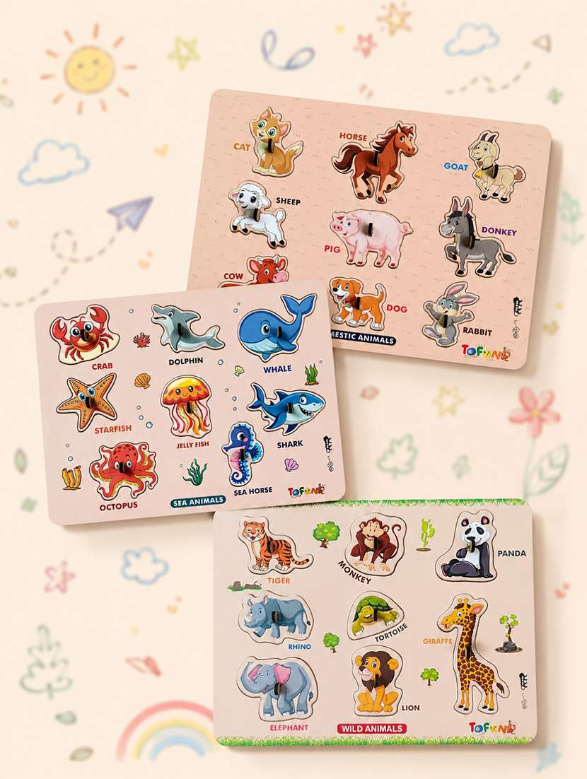 kids pack of 3 wooden pegged puzzle