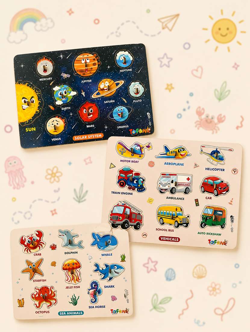 wooden pegged puzzles set - 3 themes