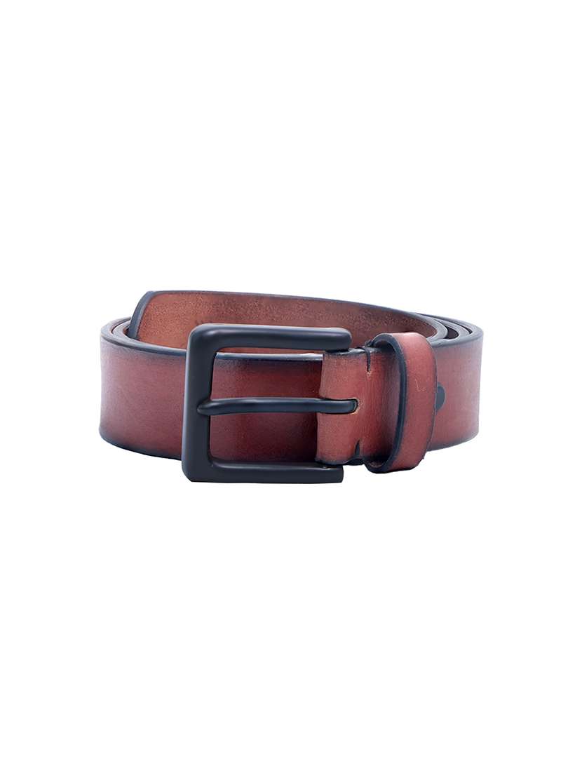 men solid brown leather belt with buckle closure