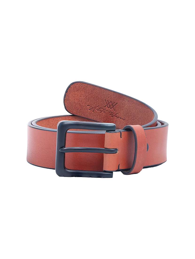 men tan leather belt with black buckle