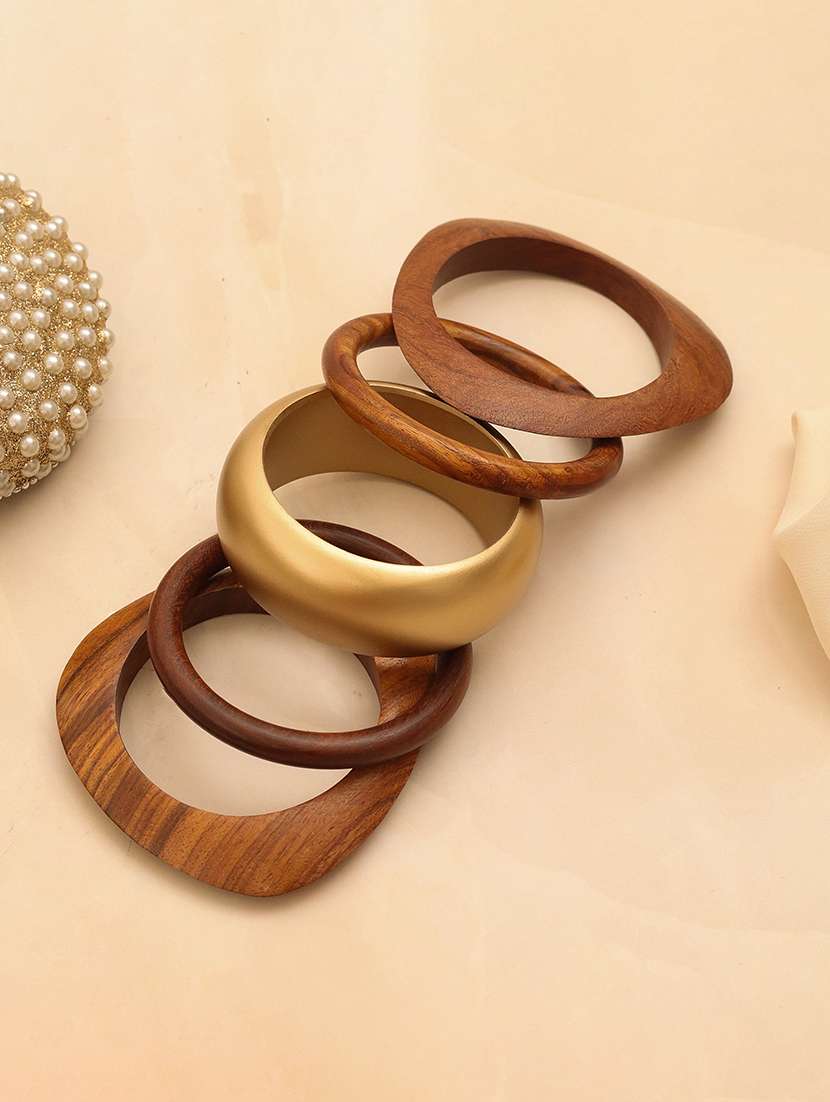 brown wood & gold resin bangle set 