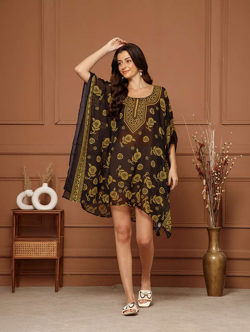 women printed round neck kaftan dress