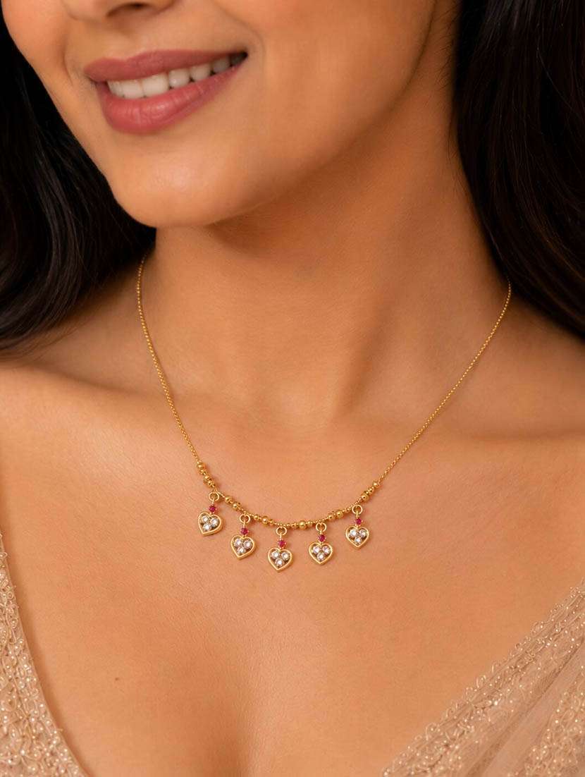 gold plated american diamond heart charm necklace with stone studded dangle charms - 22627828 -  Standard Image - 3