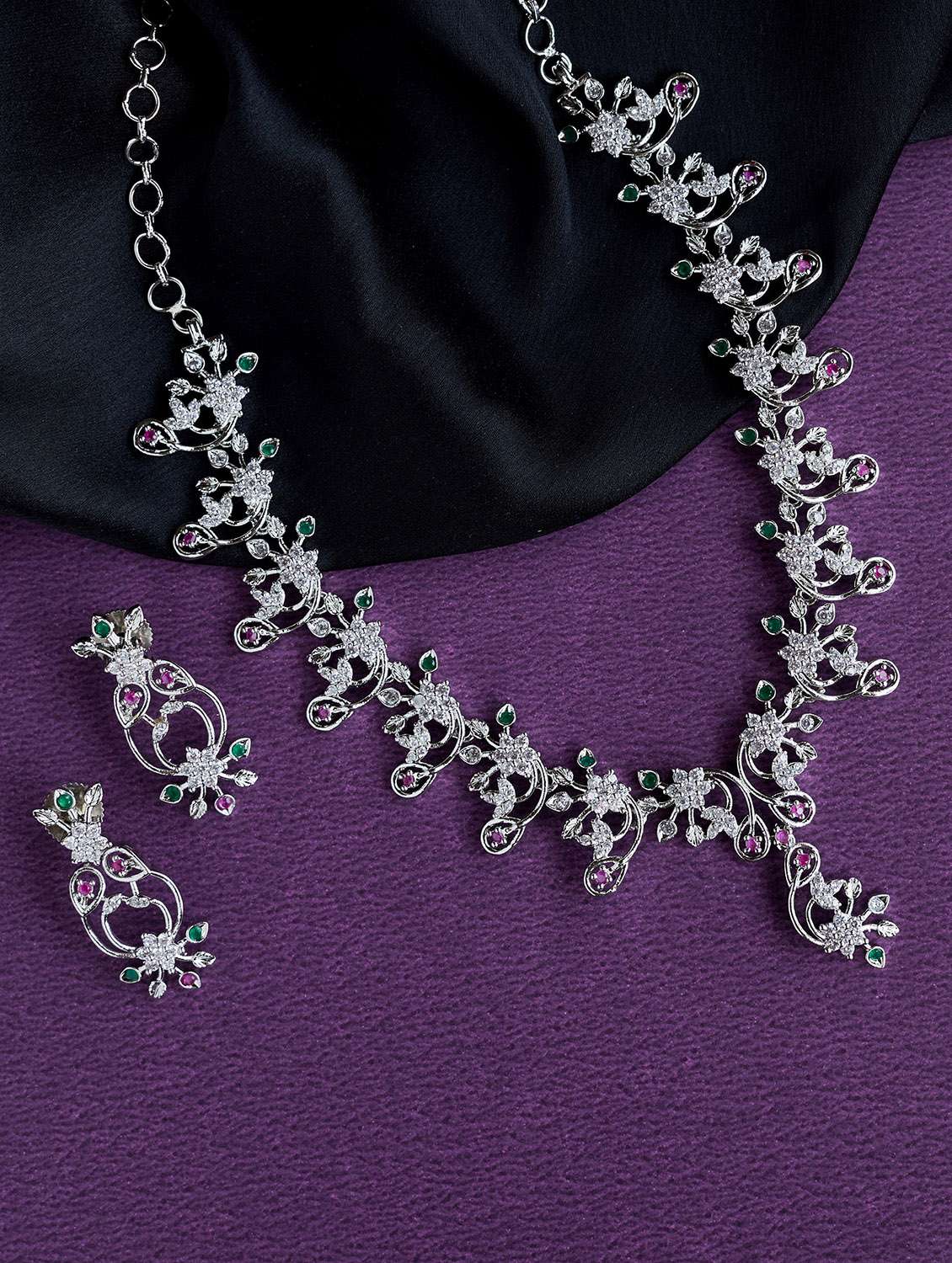 rhodium plated peacock design stone necklace set