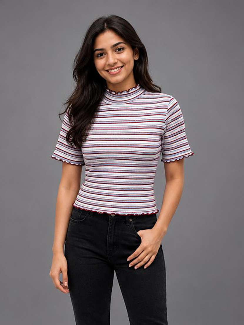 women striped short sleeves regular top