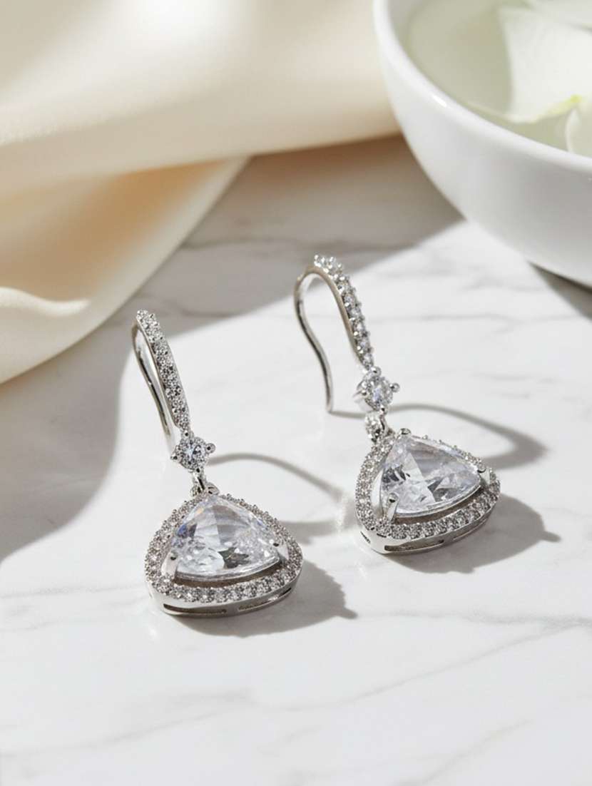 women silver triangle drop earrings