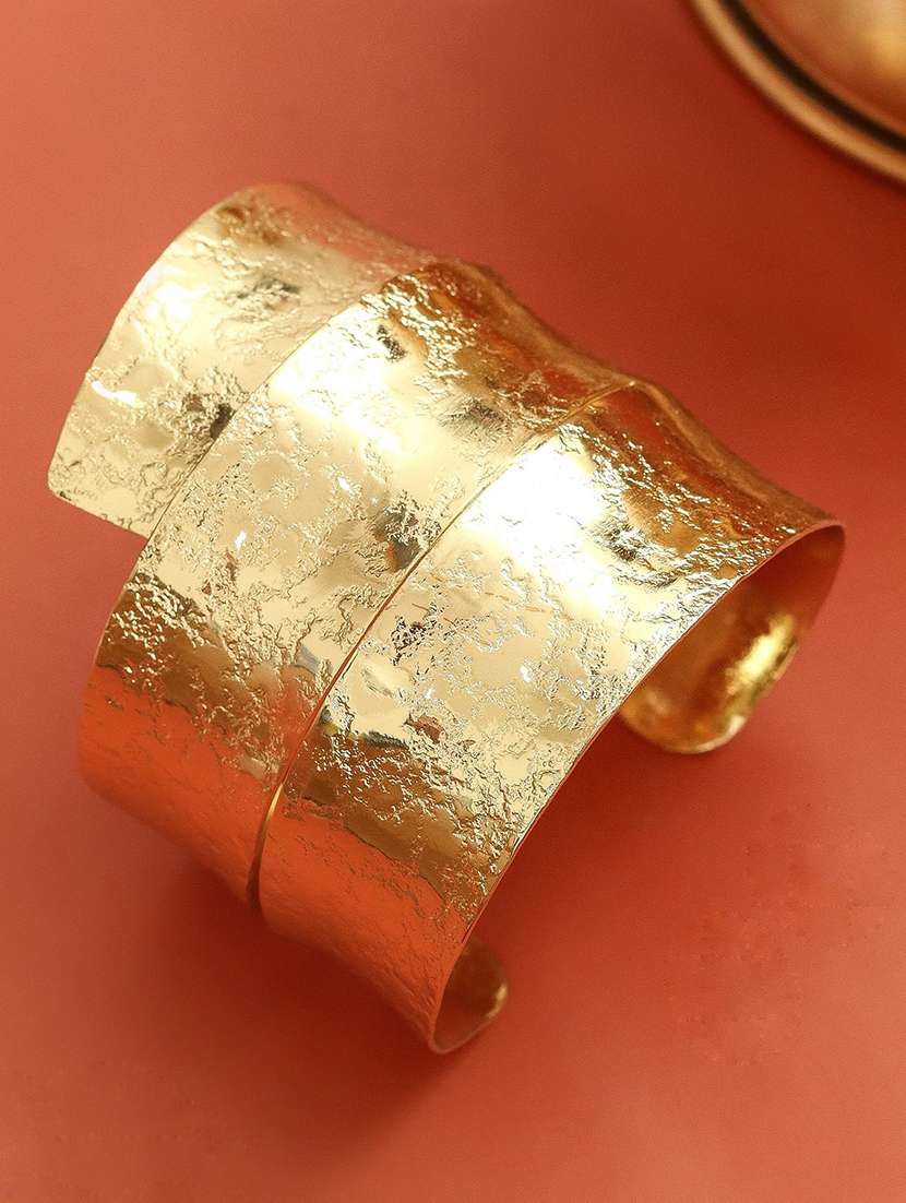 gold plated hammered pattern textured wide cuff bracelet