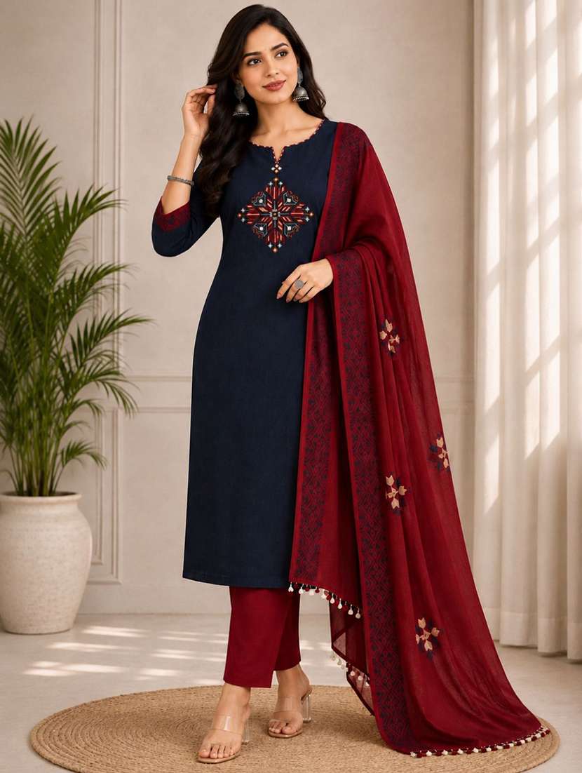 women solid with work unstitched suit set