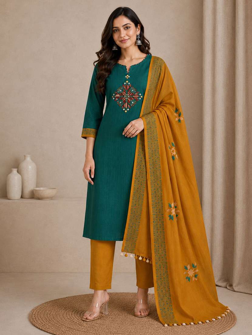 women solid with work unstitched suit set
