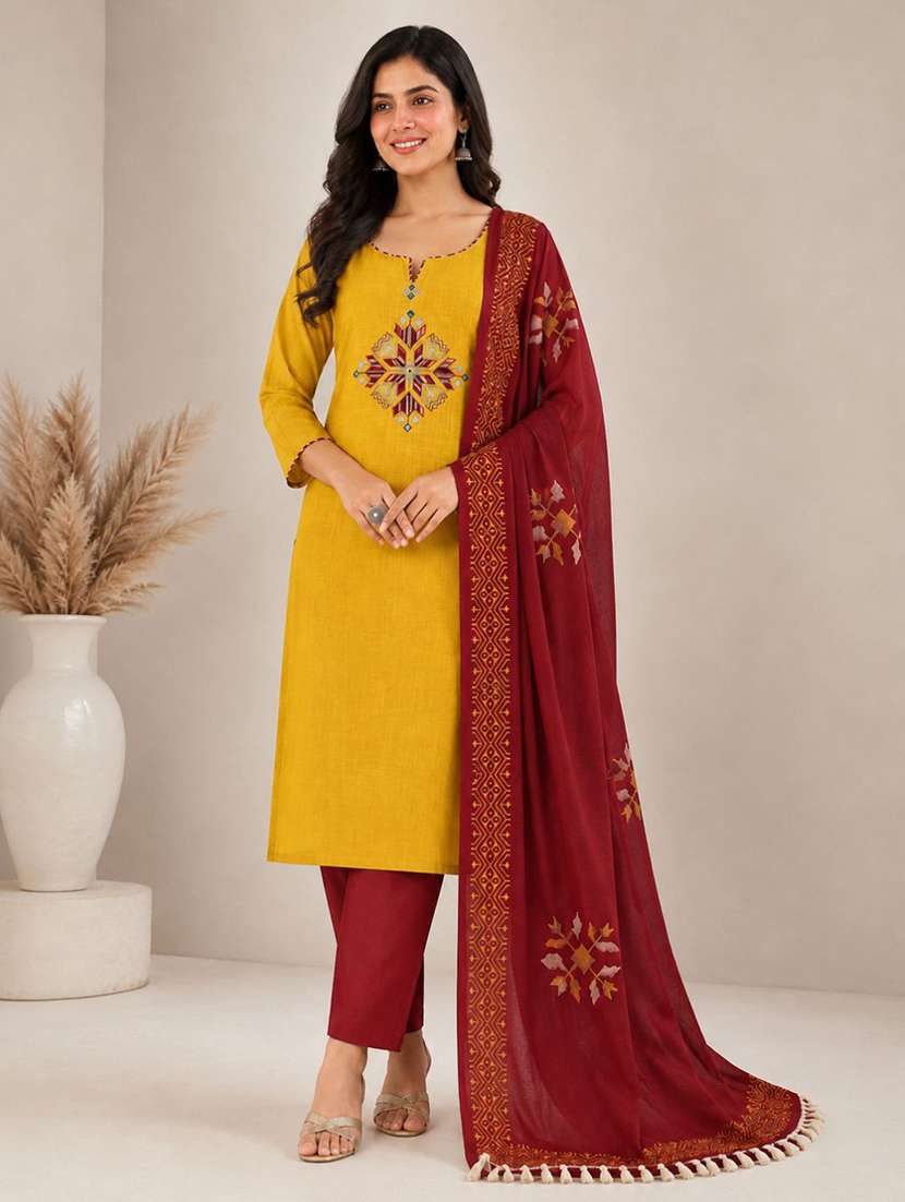 women solid with work unstitched suit set