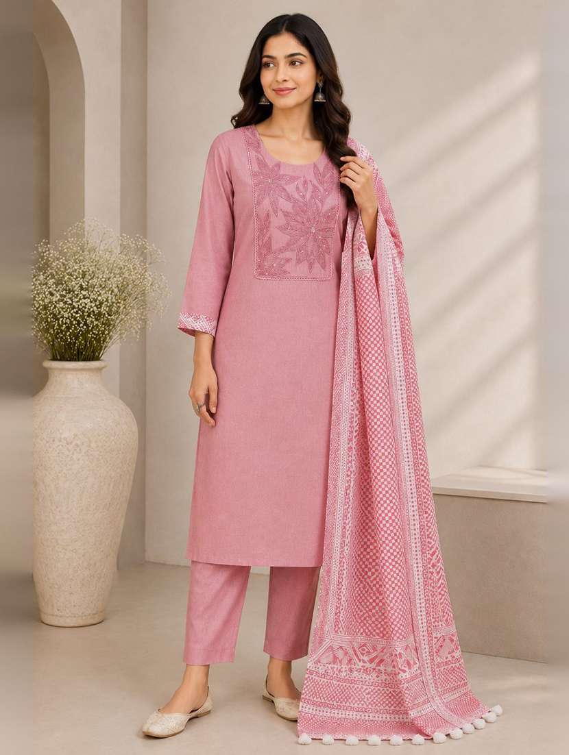 women solid with work unstitched suit set