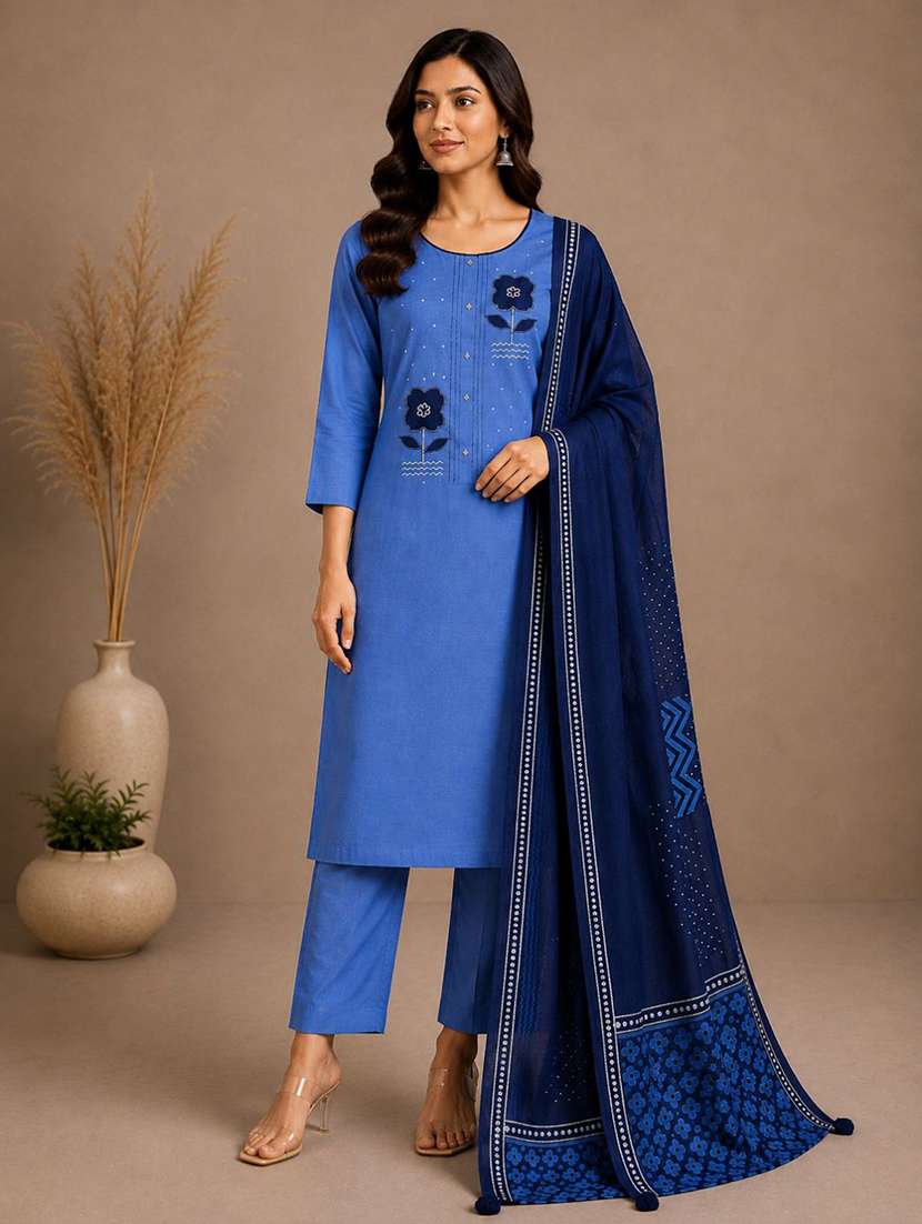women solid with work unstitched suit set