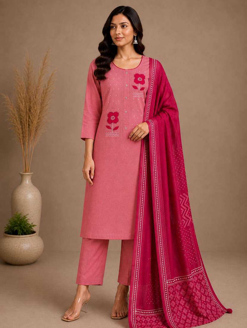 women solid with work unstitched suit set