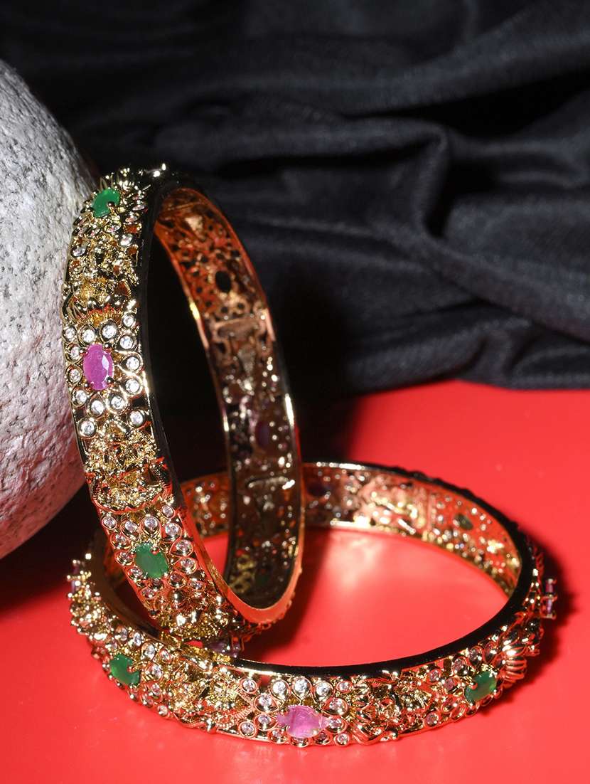 pack of 2 gold mehendi plated kundan meena floral stone bangles
