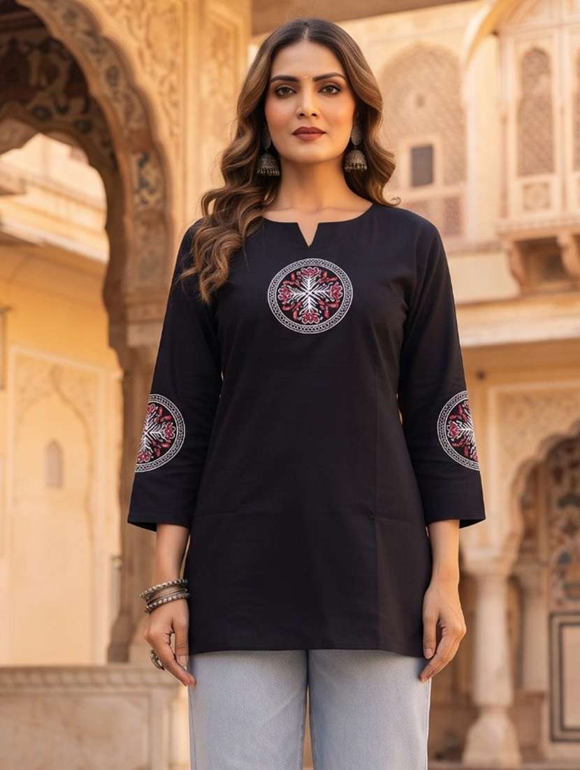 women solid with work three quarter sleeve straight kurti