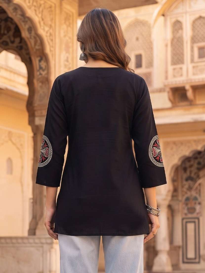 Women Solid With Work Three Quarter Sleeve Straight Kurti - 22635337 -  Standard Image - 3