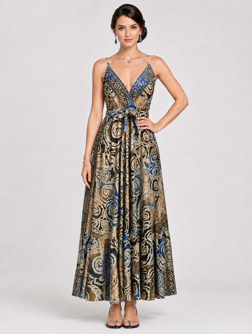 women printed shoulder strap tiered dress