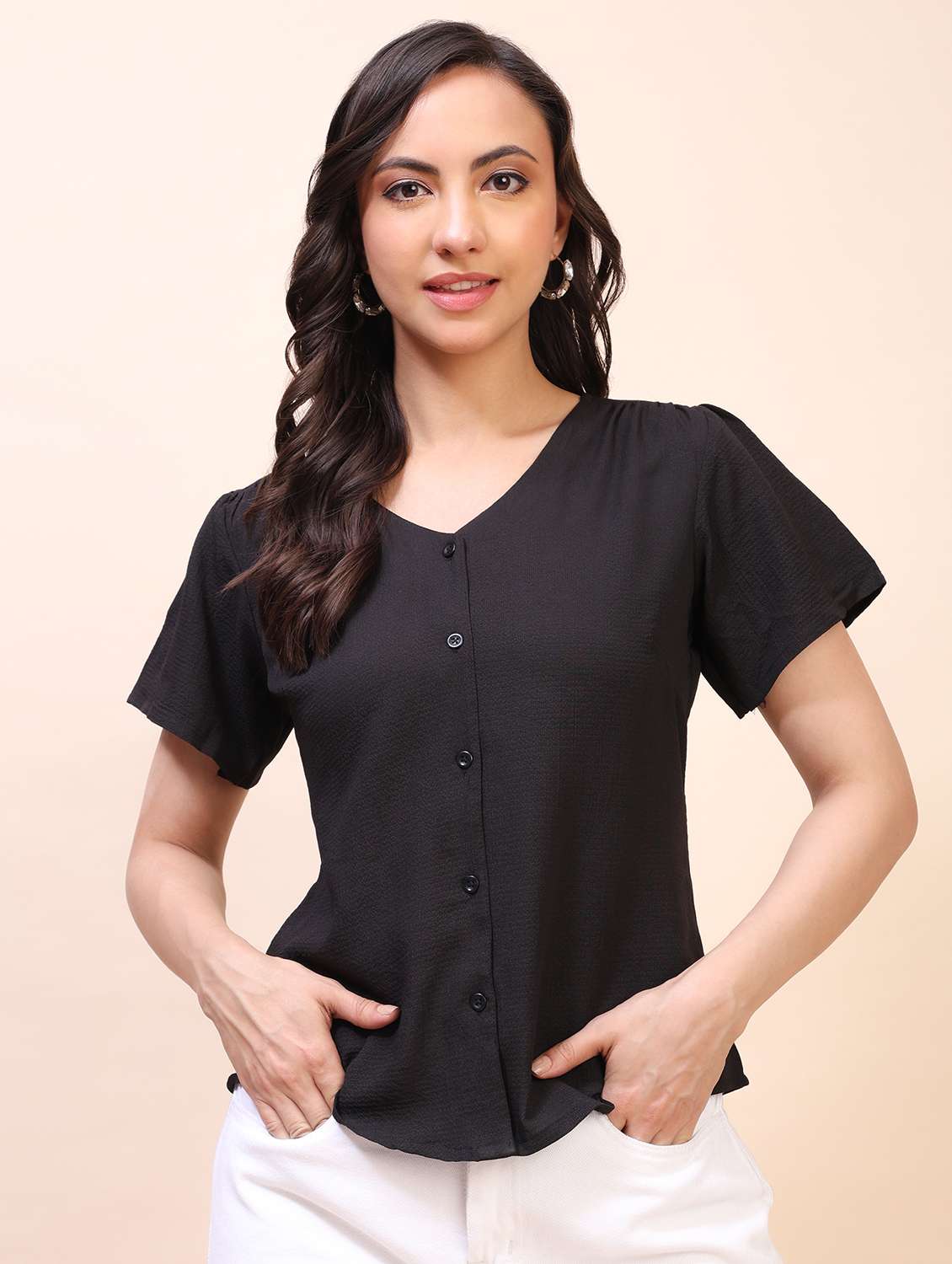 women solid short sleeves regular top 