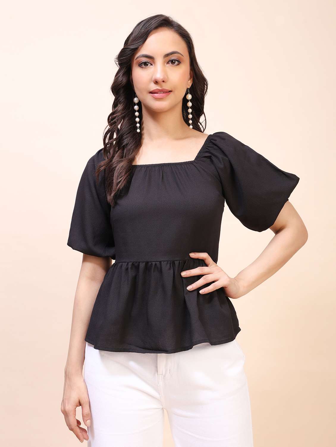 women solid short sleeves peplum top