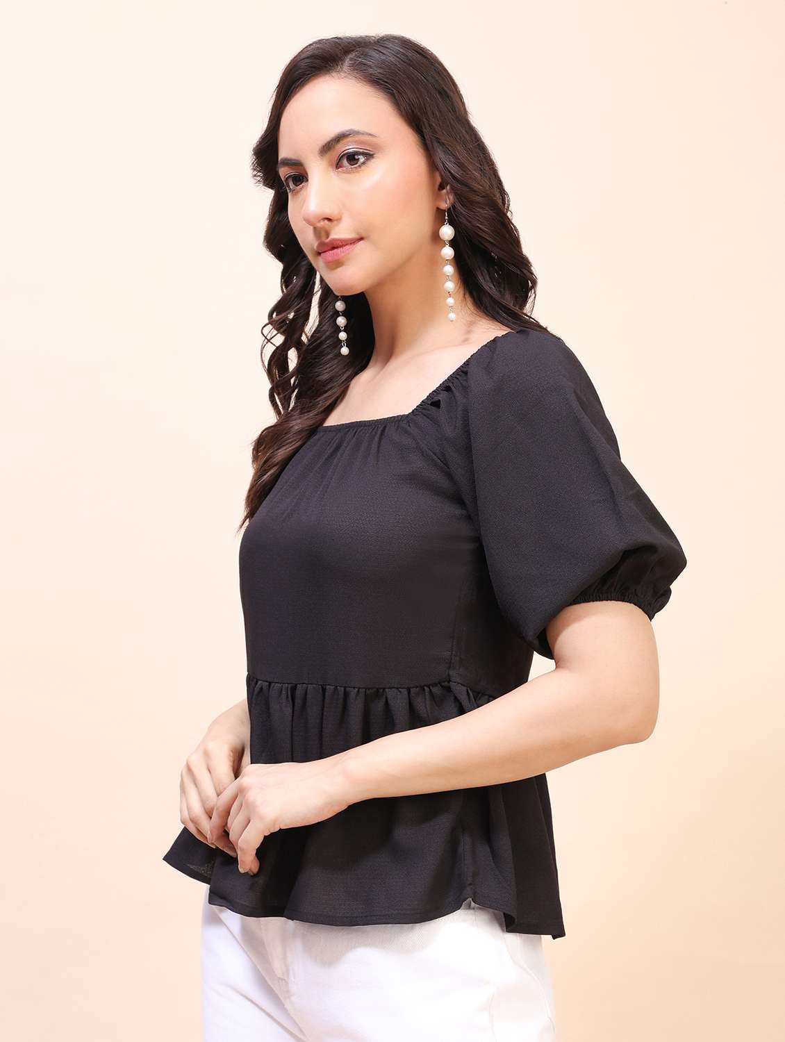 women solid short sleeves peplum top - 22635383 -  Standard Image - 3