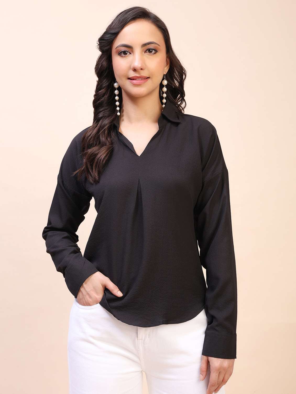 women solid long sleeves regular top