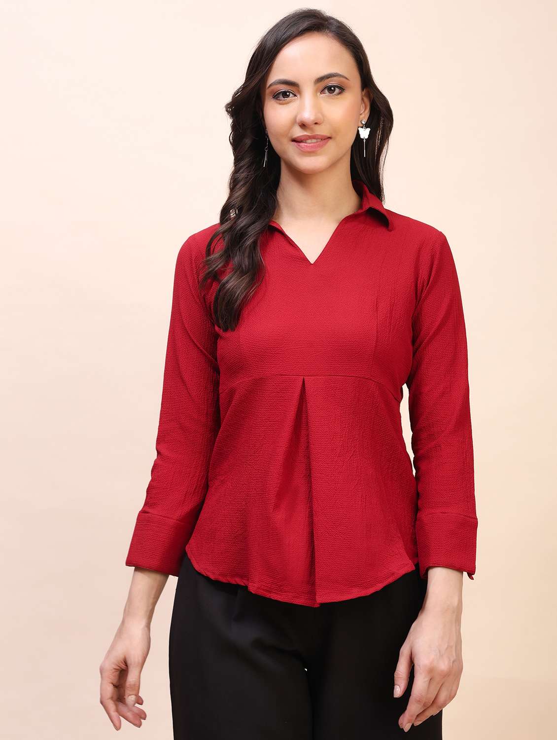 women solid three quarter sleeves regular top