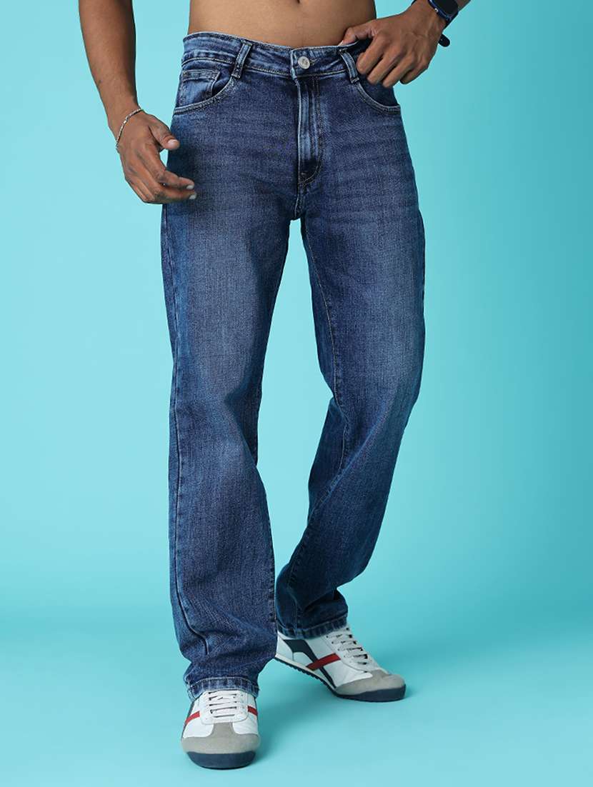 men washed mid rise full length straight jeans