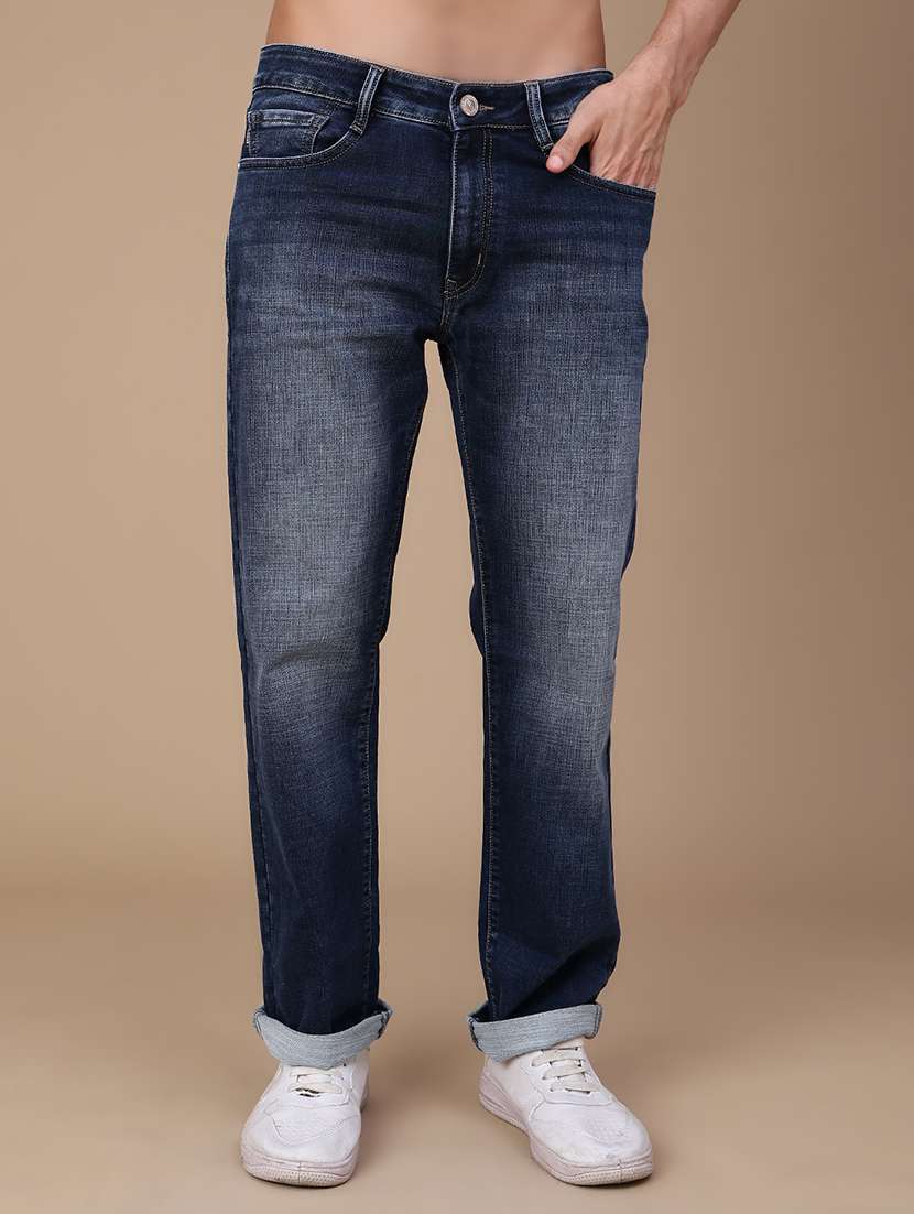 men washed mid rise full length straight jeans