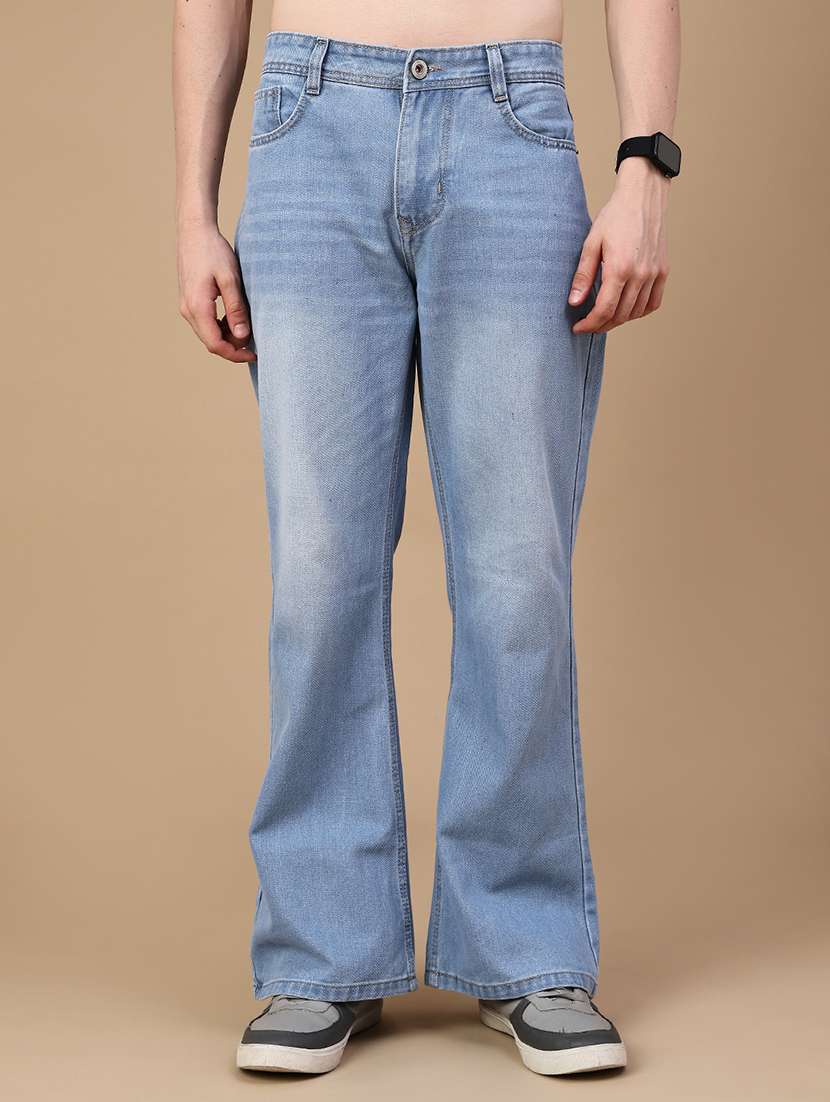 men washed mid rise full length bootcut jeans