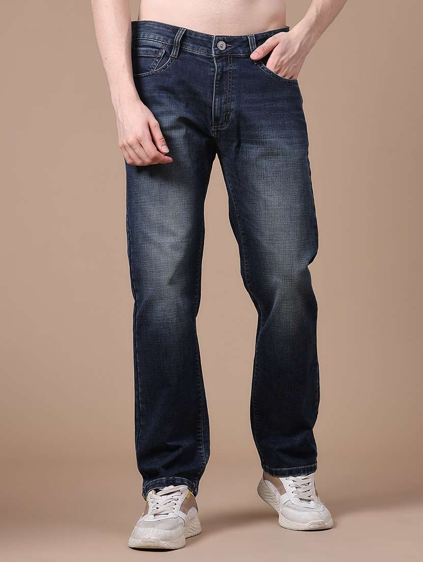 men washed mid rise full length straight jeans